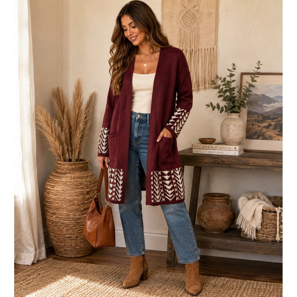 Frye Dark Red Southwestern Intarsia Open Front Longline Cardigan Sweater M